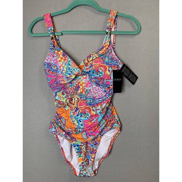 Lauren Ralph Lauren Bathing Suit Sz 6 Multi Paisley Over-The-Shoulder Underwire - Picture 1 of 9